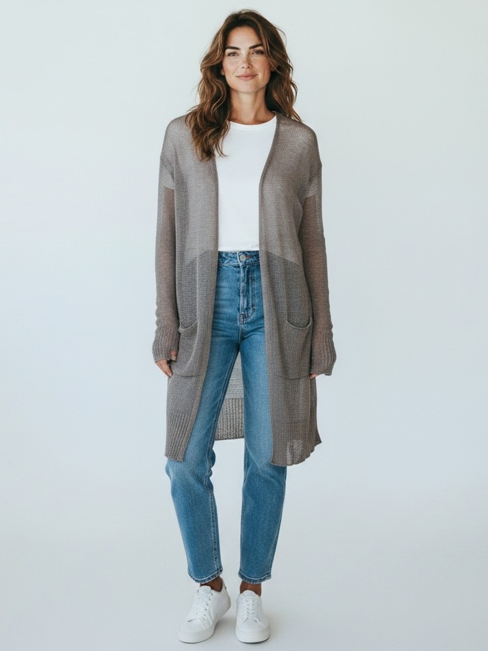 Ilaria Nistri Linen Silk‎ Taupe Open Knit Long Cardigan LagenLook OS
